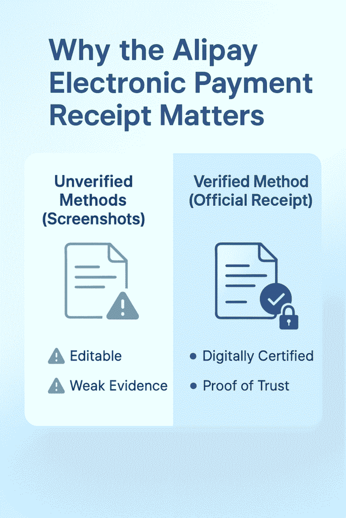 Infographic comparing screenshots and verified Alipay electronic payment receipt for secure digital payments.