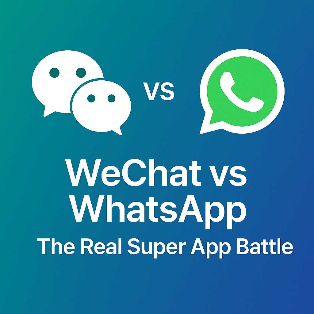 Feature image comparing WeChat and WhatsApp — teal-to-blue gradient background, WeChat logo on left, WhatsApp logo on right, with bold centered text reading ‘WeChat vs WhatsApp: The Real Super App Battle.’”