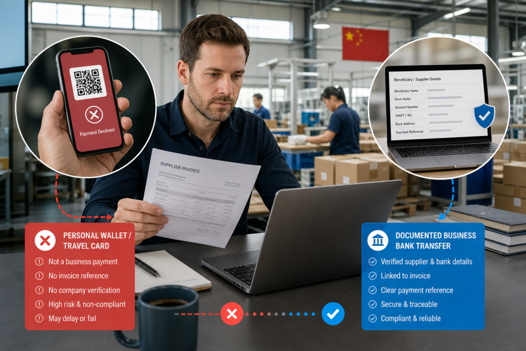 Overseas buyer replacing a declined personal Alipay supplier payment with a documented business bank transfer