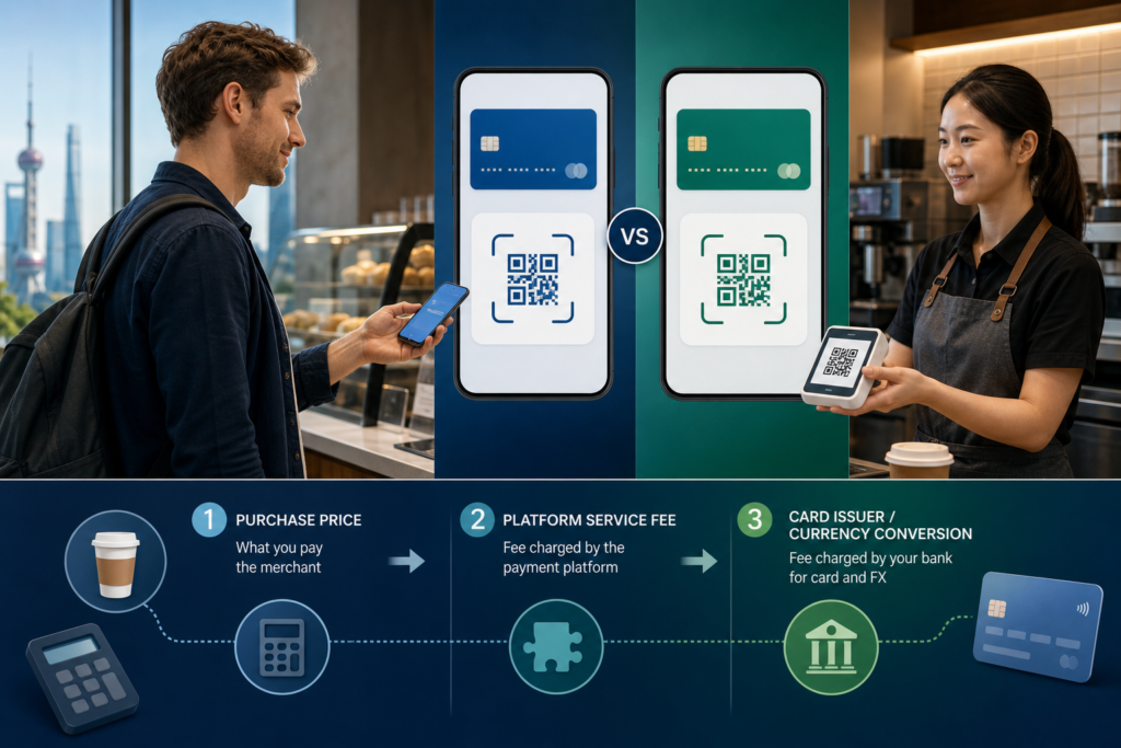 Foreign traveler comparing Alipay and WeChat Pay foreign-card cost layers at a Chinese merchant