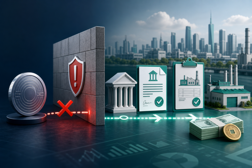 Private digital-token payment blocked while a documented bank transfer proceeds to a verified Chinese factory