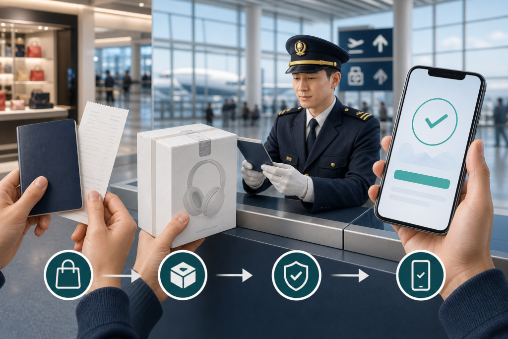 Overseas traveler presenting a passport, receipt and unused goods for airport Customs verification before a mobile tax refund