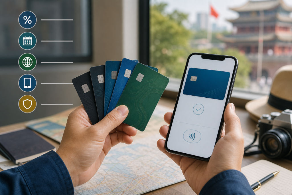Traveler comparing foreign-transaction fees, eligibility, and backup cards for China mobile wallets