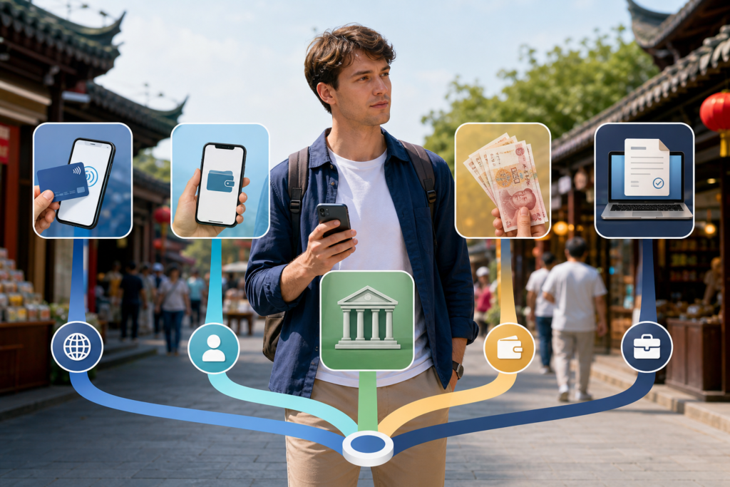 Foreign visitor comparing mobile wallets, international cards, a Chinese bank account, RMB cash, and a supplier bank transfer
