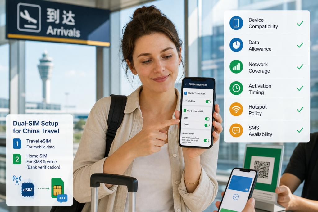 Traveler configuring a travel eSIM for data and a home SIM for payment and bank verification messages in China