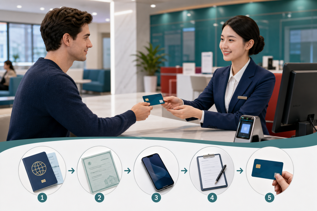 Foreign resident presenting identity and residence documents at a Chinese bank before receiving a personal debit card