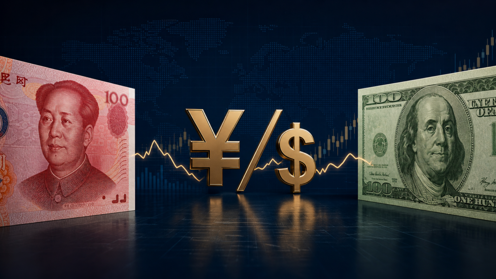 Chinese yuan and US dollar banknotes beside RMB and USD currency symbols and an exchange-rate chart