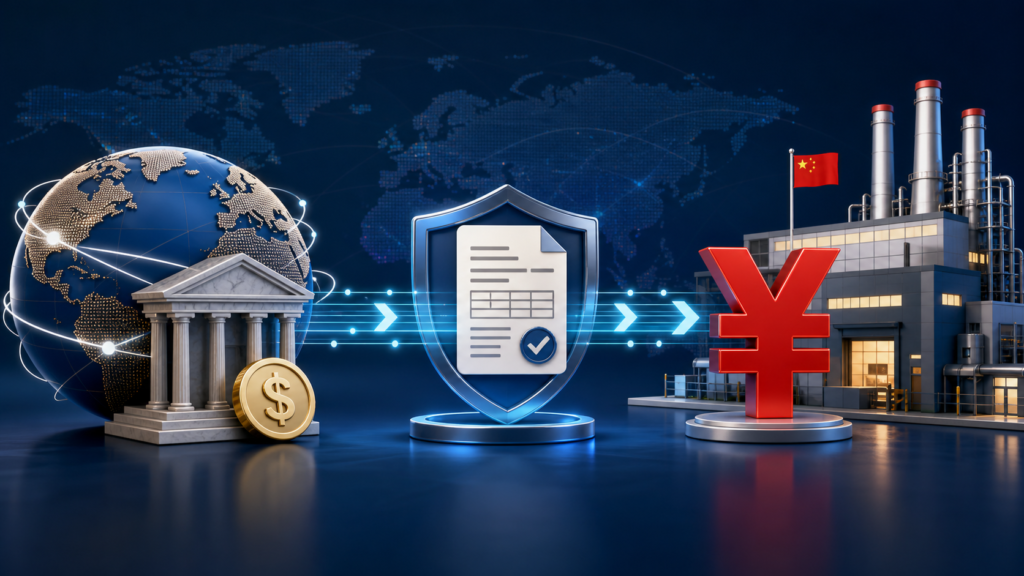 Overseas business payment moving through invoice verification to a Chinese factory receiving yuan