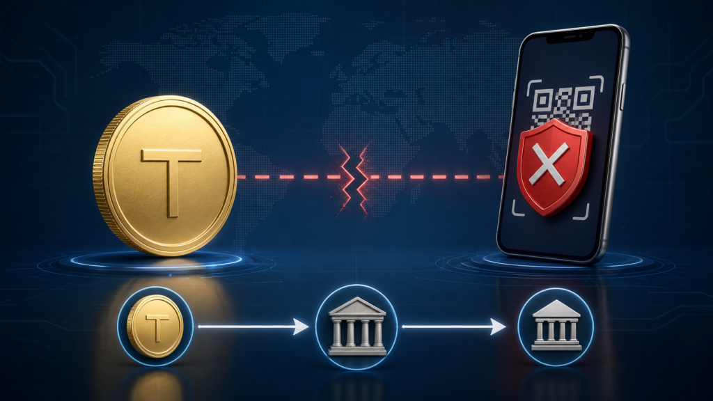 Illustration showing that USDT cannot transfer directly to an Alipay-style mobile wallet, with a regulated exchange and bank-transfer route below