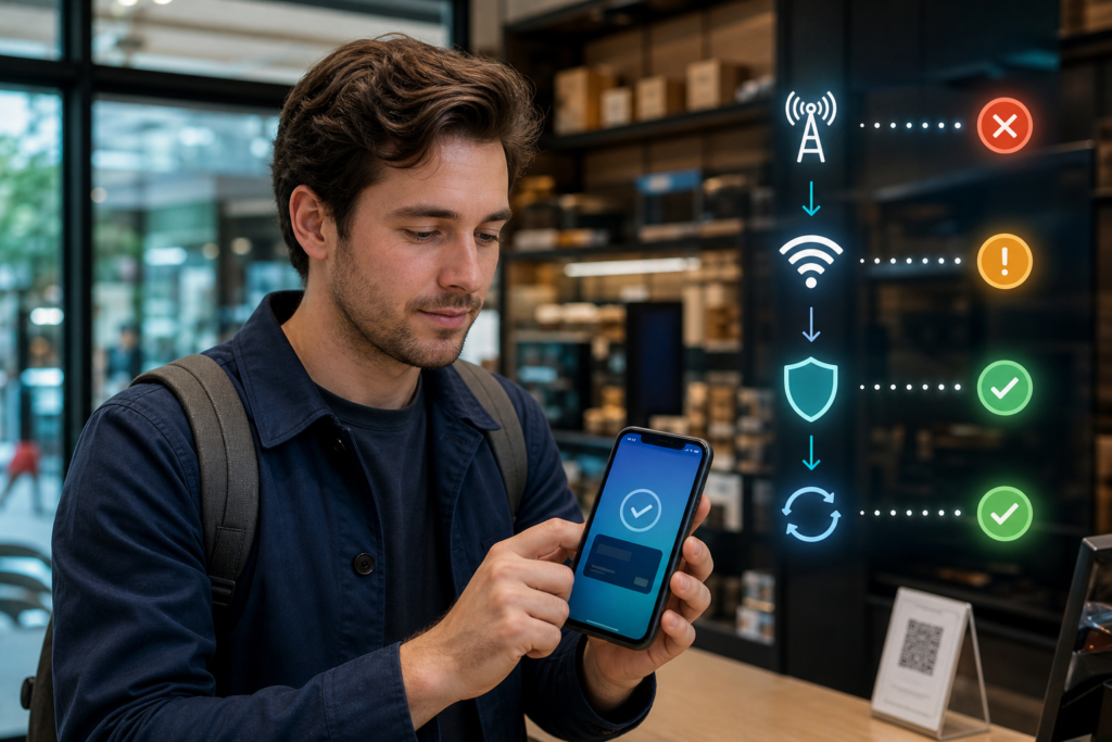 Foreign traveler testing cellular data, Wi-Fi, and VPN routes after a China mobile-wallet connection failure