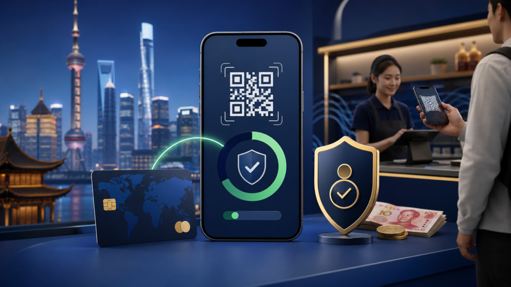 International visitor using a linked bank card for verified QR mobile payment in China with a transaction-limit gauge