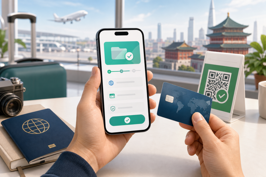 International traveler linking a bank card to a mobile QR payment app before visiting China