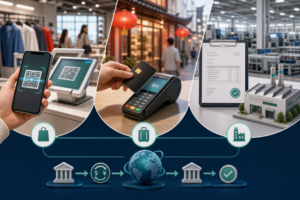 US retail QR checkout, traveler card payment in China, and documented business transfer to a verified Chinese factory