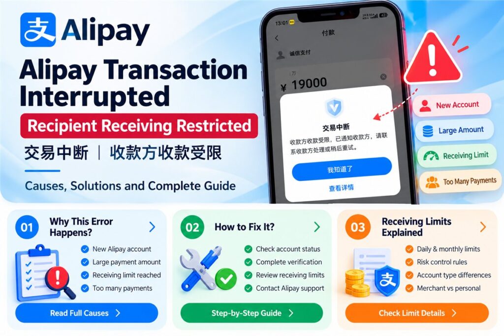 Alipay transaction interrupted error showing recipient receiving restricted 收款方收款受限